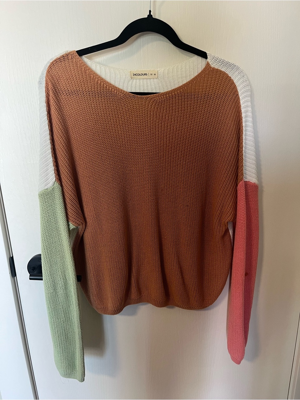 Casual Colorblock Crewneck Sweater — Rust with Mint & Coral Sleeves